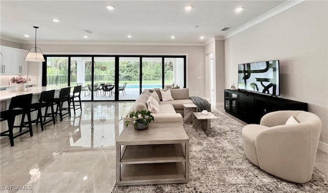 240 Allamanda Way, Naples, FL 34114 - living area featuring ornamental molding, recessed lighting, and light marble finish flooring