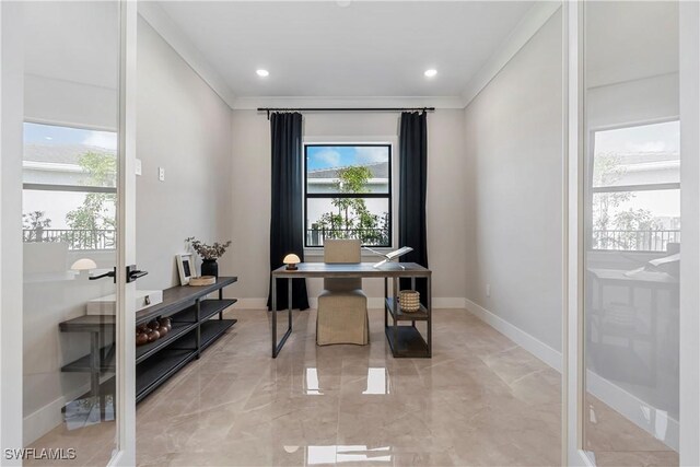 240 Allamanda Way, Naples, FL 34114 - home office featuring healthy amount of natural light, light marble finish flooring, and ornamental molding