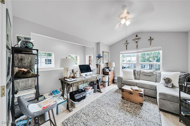 9636 Hemingway Ln Unit 4201, Fort Myers, FL 33913 - living room featuring a ceiling fan, lofted ceiling, and wood finished floors
