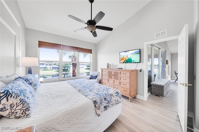 9636 Hemingway Ln Unit 4201, Fort Myers, FL 33913 - bedroom featuring light wood-style flooring, high vaulted ceiling, and ceiling fan
