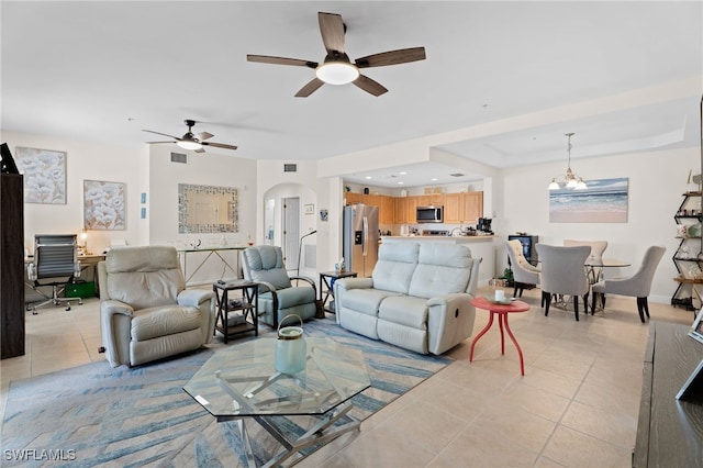 3939 Pomodoro Cir Unit 103, Cape Coral, FL 33909 - living area with a ceiling fan, light tile patterned floors, arched walkways, an office area, and recessed lighting