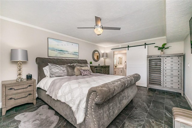 4001 SE 19th Pl Unit B1, Cape Coral, FL 33904 - bedroom featuring a barn door, ornamental molding, a ceiling fan, and connected bathroom