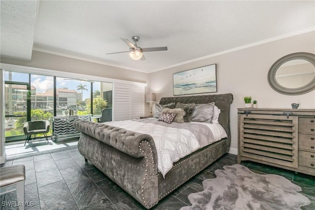 4001 SE 19th Pl Unit B1, Cape Coral, FL 33904 - bedroom with access to outside, crown molding, and ceiling fan