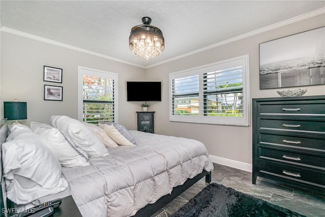 4001 SE 19th Pl Unit B1, Cape Coral, FL 33904 - bedroom with dark marble finish floors, crown molding, and a chandelier