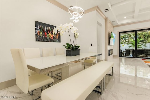 614 105th Ave N, Naples, FL 34108 - dining space featuring marble tiled flooring, a chandelier, beamed ceiling, and coffered ceiling