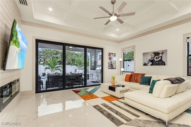 614 105th Ave N, Naples, FL 34108 - living room featuring marble tiled flooring, a ceiling fan, coffered ceiling, and recessed lighting