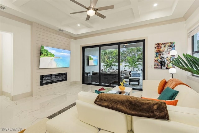 614 105th Ave N, Naples, FL 34108 - living room with marble tiled flooring, recessed lighting, a glass covered fireplace, a ceiling fan, and coffered ceiling