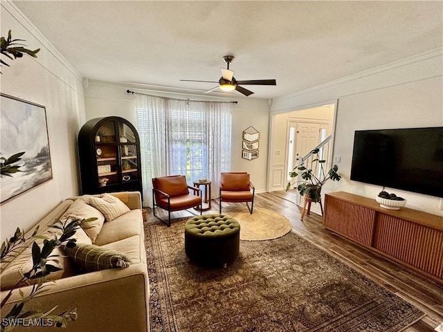 13356 Bristol Park Way, Fort Myers, FL 33913 - living area with ornamental molding, wood finished floors, and ceiling fan