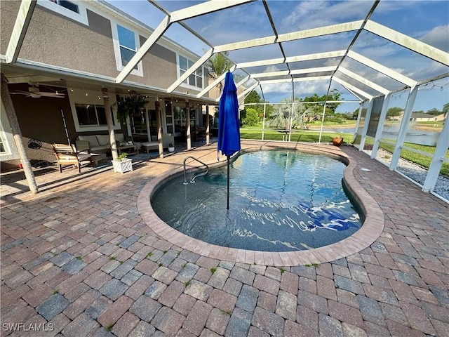 13356 Bristol Park Way, Fort Myers, FL 33913 - swimming pool with outdoor lounge area, a patio, a ceiling fan, and a lanai