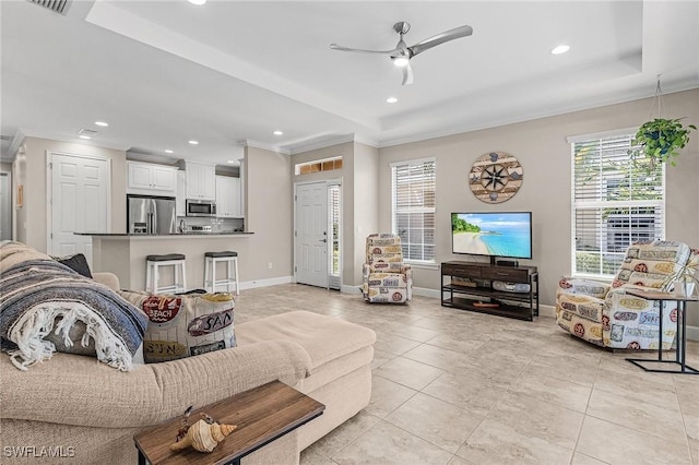 10406 Santiva Way, Fort Myers, FL 33908 - living area with recessed lighting, healthy amount of natural light, crown molding, light tile patterned floors, and a ceiling fan