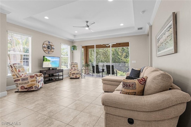 10406 Santiva Way, Fort Myers, FL 33908 - living room featuring ceiling fan, light tile patterned floors, crown molding, healthy amount of natural light, and recessed lighting