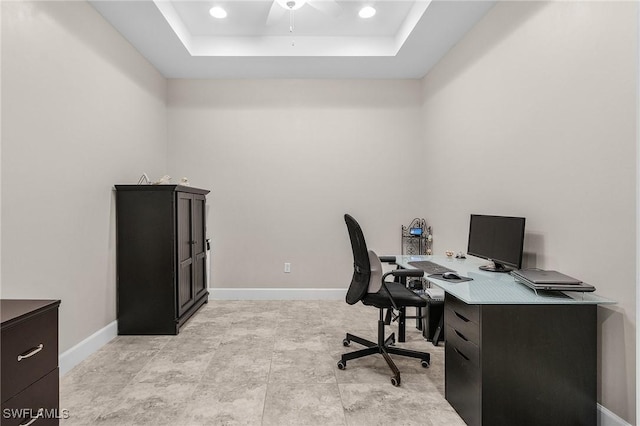 10406 Santiva Way, Fort Myers, FL 33908 - office area featuring a tray ceiling, ceiling fan, and recessed lighting