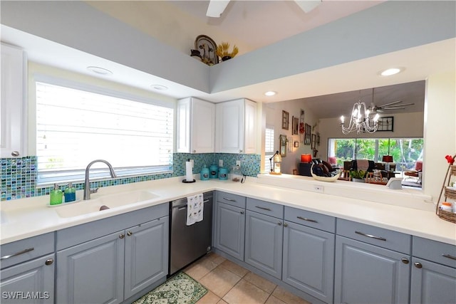 314 Melrose Pl Unit 33, Naples, FL 34104 - kitchen featuring gray cabinetry, stainless steel dishwasher, a chandelier, backsplash, and recessed lighting