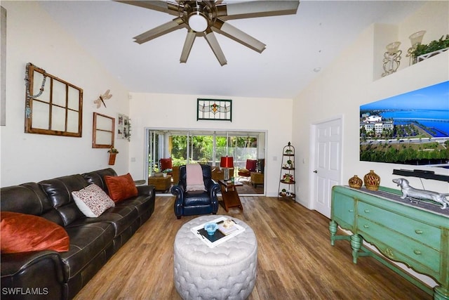314 Melrose Pl Unit 33, Naples, FL 34104 - living area with wood finished floors, ceiling fan, and high vaulted ceiling