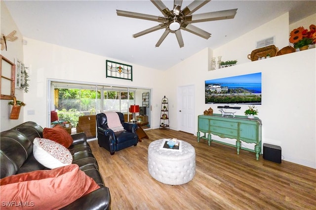 314 Melrose Pl Unit 33, Naples, FL 34104 - living room with wood finished floors, high vaulted ceiling, and a ceiling fan