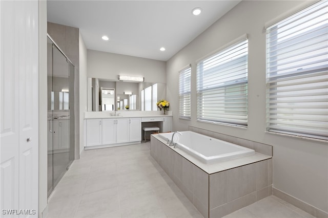 20368 Estero Crossing Blvd, Estero, FL 33928 - full bathroom with vanity, a bath, a stall shower, recessed lighting, and tile patterned floors