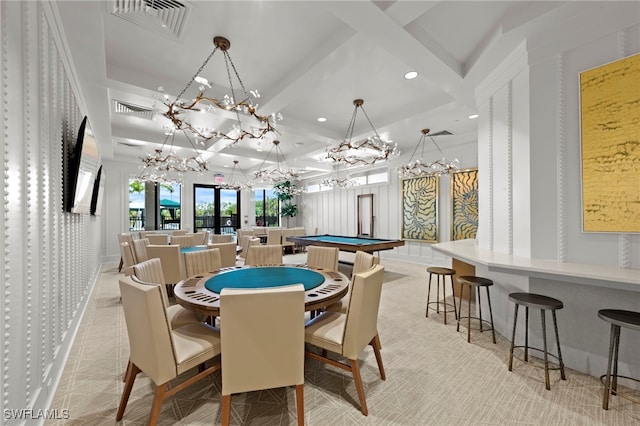20368 Estero Crossing Blvd, Estero, FL 33928 - dining room with recessed lighting, a chandelier, billiards table, and coffered ceiling