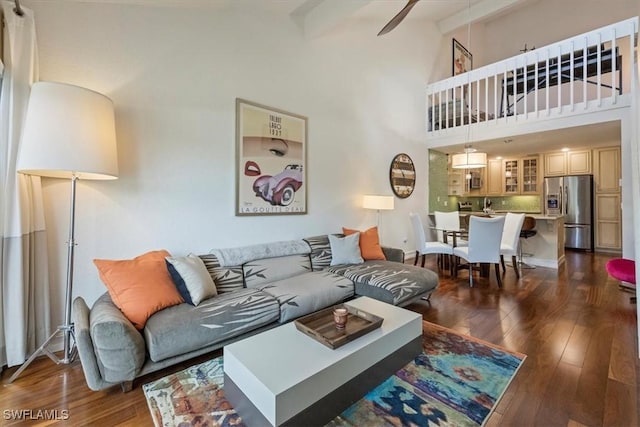 60 Emerald Woods Dr Unit B11, Naples, FL 34108 - living room with hardwood / wood-style flooring, a ceiling fan, high vaulted ceiling, and beamed ceiling