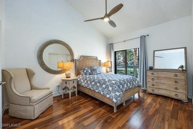 60 Emerald Woods Dr Unit B11, Naples, FL 34108 - bedroom with access to exterior, dark wood-type flooring, high vaulted ceiling, and a ceiling fan