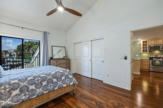 60 Emerald Woods Dr Unit B11, Naples, FL 34108 - bedroom with high vaulted ceiling, access to outside, wood finished floors, a closet, and a ceiling fan
