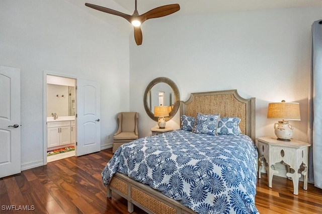 60 Emerald Woods Dr Unit B11, Naples, FL 34108 - bedroom featuring wood finished floors, a towering ceiling, connected bathroom, and a ceiling fan