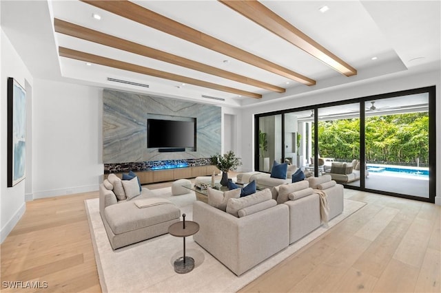 850 10th St N, Naples, FL 34102 - living area with light wood-style floors, beam ceiling, and recessed lighting