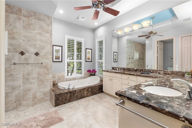 3681 Mossy Oak Dr, Fort Myers, FL 33905 - bathroom featuring ceiling fan, double vanity, a bath, a walk in shower, and recessed lighting