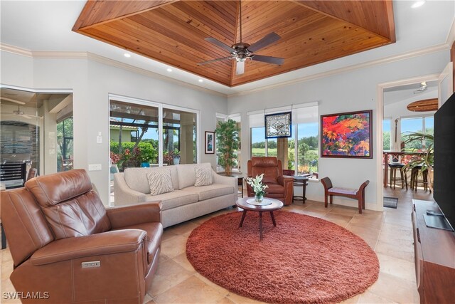3681 Mossy Oak Dr, Fort Myers, FL 33905 - living area with a raised ceiling, healthy amount of natural light, ceiling fan, wooden ceiling, and recessed lighting