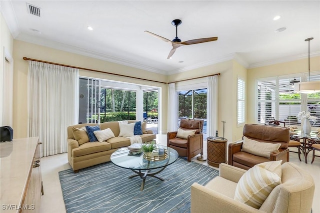 6632 Glen Arbor Way, Naples, FL 34119 - living area featuring plenty of natural light, ceiling fan, ornamental molding, and recessed lighting