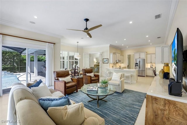 6632 Glen Arbor Way, Naples, FL 34119 - living room with a ceiling fan, crown molding, and recessed lighting