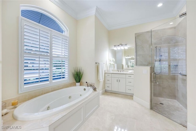 6632 Glen Arbor Way, Naples, FL 34119 - full bathroom with vanity, a tub with jets, a stall shower, and ornamental molding