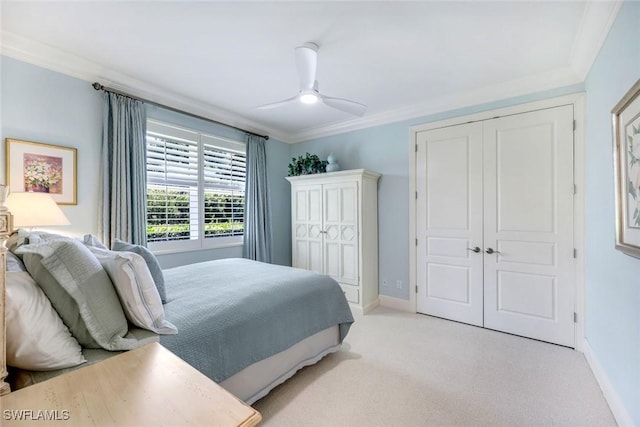 6632 Glen Arbor Way, Naples, FL 34119 - bedroom featuring ornamental molding, light carpet, ceiling fan, and a closet