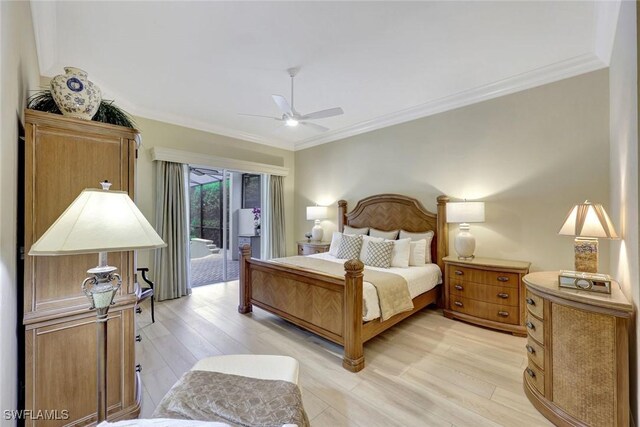 6632 Glen Arbor Way, Naples, FL 34119 - bedroom featuring access to outside, crown molding, light wood finished floors, and a ceiling fan