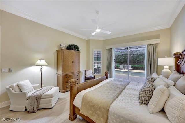 6632 Glen Arbor Way, Naples, FL 34119 - bedroom with access to outside, crown molding, light wood-style floors, and ceiling fan