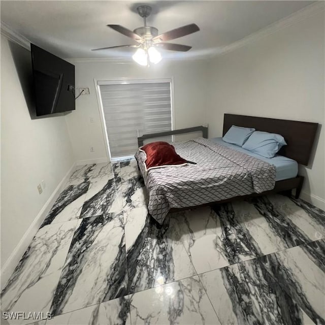 4442 18th Ave SW, Naples, FL 34116 - bedroom featuring ornamental molding, marble finish floors, and ceiling fan