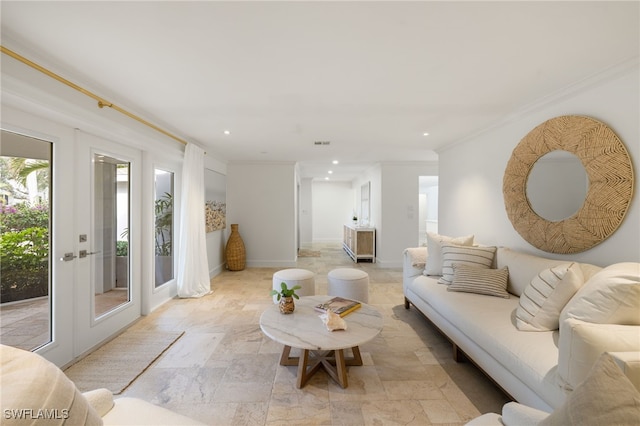 320 Putter Point Dr, Naples, FL 34103 - living area featuring recessed lighting, light stone finish floors, crown molding, and french doors