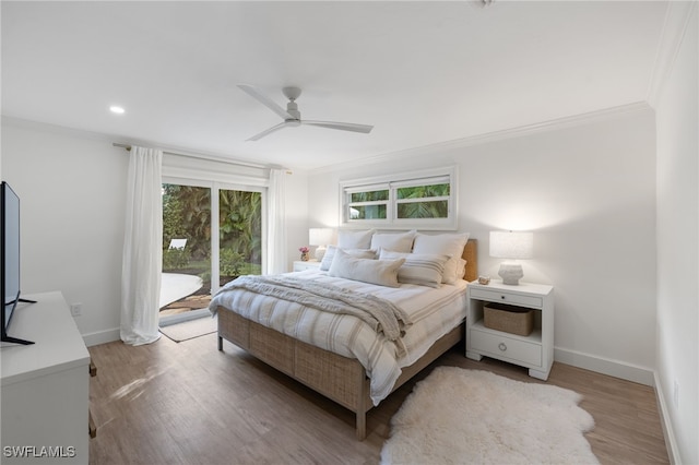 320 Putter Point Dr, Naples, FL 34103 - bedroom with access to exterior, ornamental molding, light wood-style flooring, ceiling fan, and recessed lighting