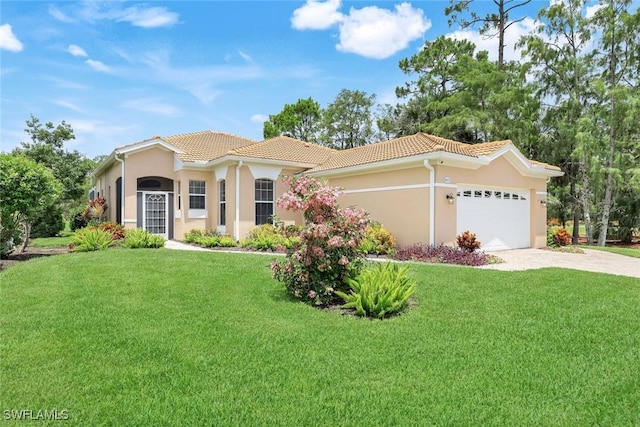 8621 Gleneagle Way, Naples, FL 34120 - mediterranean / spanish-style home featuring a tiled roof, an attached garage, stucco siding, a front yard, and driveway