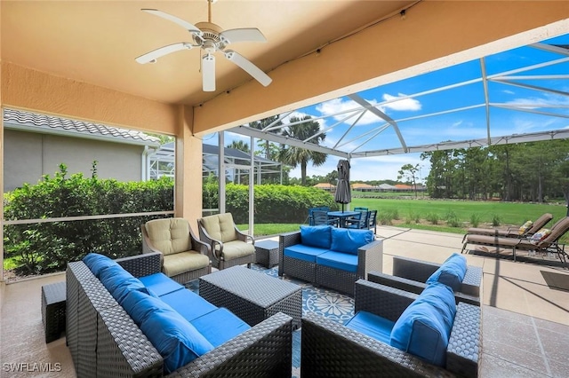 8621 Gleneagle Way, Naples, FL 34120 - view of patio / terrace with outdoor lounge area, ceiling fan, and glass enclosure