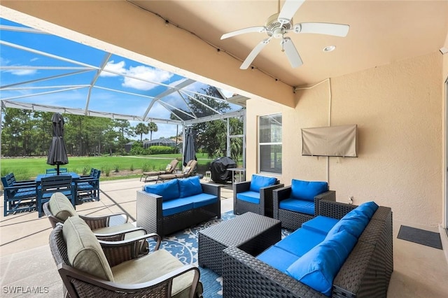 8621 Gleneagle Way, Naples, FL 34120 - view of patio featuring an outdoor hangout area, a ceiling fan, outdoor dining space, grilling area, and a lanai
