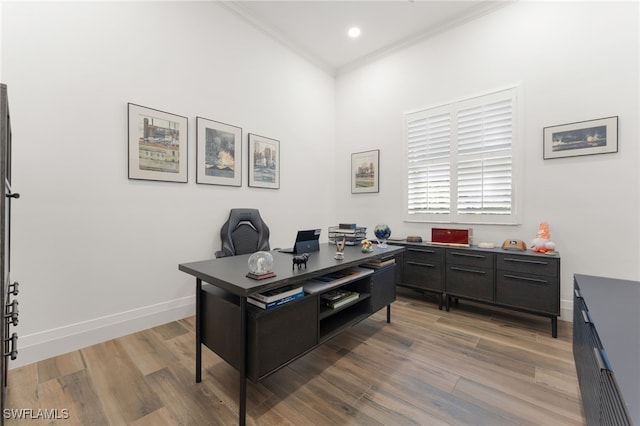 2274 Hawksridge Dr, Naples, FL 34105 - office space with crown molding, wood finished floors, and recessed lighting