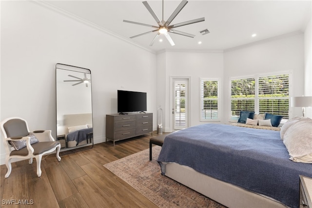 2274 Hawksridge Dr, Naples, FL 34105 - bedroom featuring wood finished floors, ornamental molding, recessed lighting, ceiling fan, and access to outside