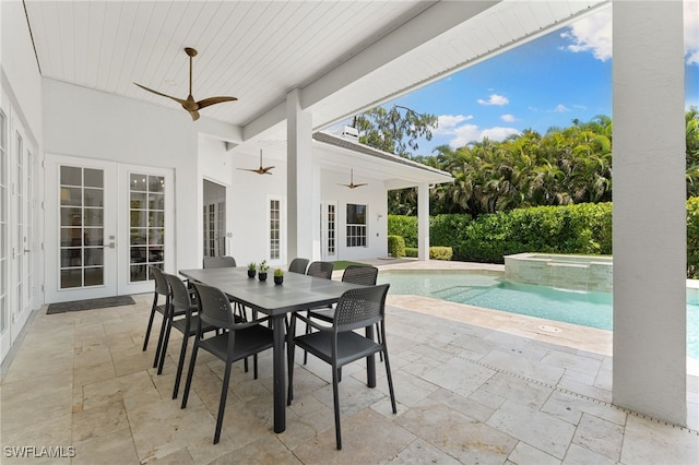 2274 Hawksridge Dr, Naples, FL 34105 - view of patio with french doors, a ceiling fan, outdoor dining area, and a pool with connected hot tub