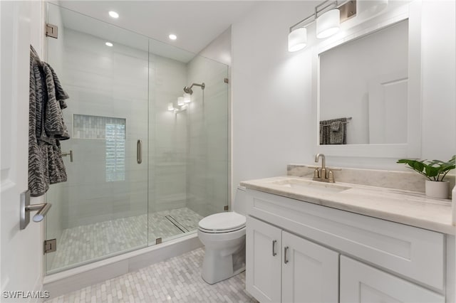 2274 Hawksridge Dr, Naples, FL 34105 - bathroom with vanity, tile patterned floors, a stall shower, and recessed lighting