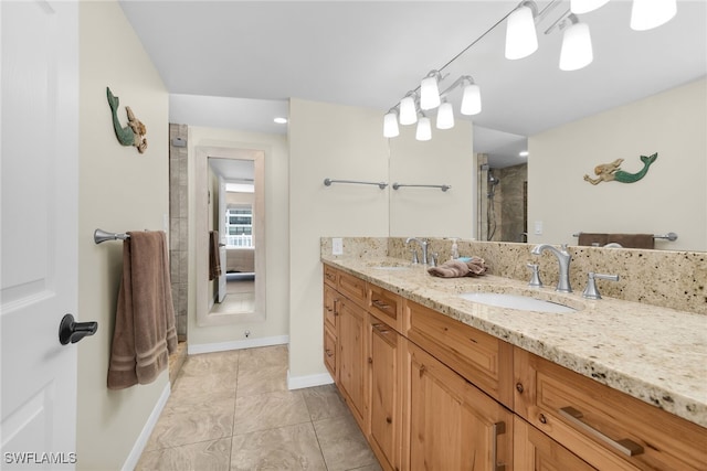 919 Huron Ct Unit B203, Marco Island, FL 34145 - full bathroom with double vanity, a shower with door, and marble look tile flooring