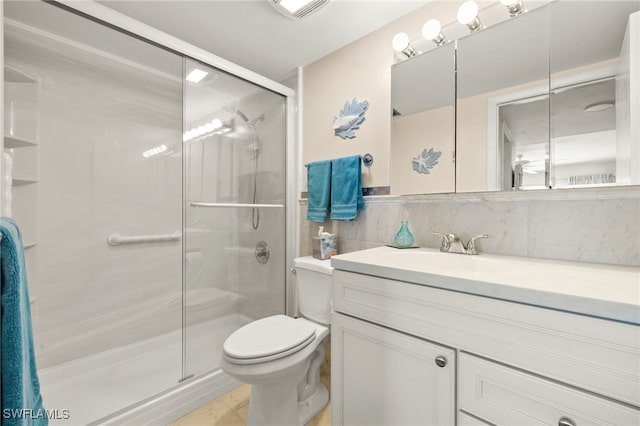 7400 Estero Blvd Unit 629, Fort Myers Beach, FL 33931 - bathroom featuring vanity, a stall shower, decorative backsplash, and marble finish floors