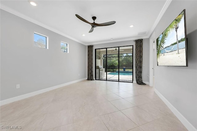 7690 Jacaranda Ln, Naples, FL 34114 - empty room with crown molding, ceiling fan, recessed lighting, and light tile patterned flooring