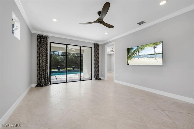7690 Jacaranda Ln, Naples, FL 34114 - unfurnished room featuring ceiling fan, crown molding, recessed lighting, and light tile patterned floors