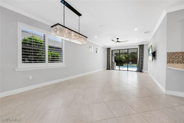 7690 Jacaranda Ln, Naples, FL 34114 - empty room featuring ceiling fan, ornamental molding, light tile patterned floors, a chandelier, and recessed lighting