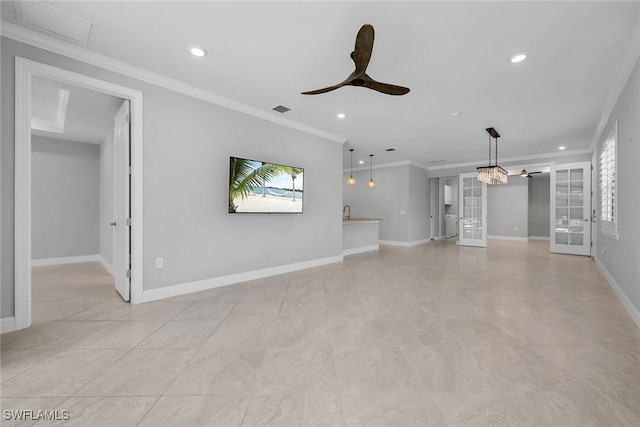 7690 Jacaranda Ln, Naples, FL 34114 - unfurnished living room featuring ceiling fan, recessed lighting, ornamental molding, and light tile patterned flooring